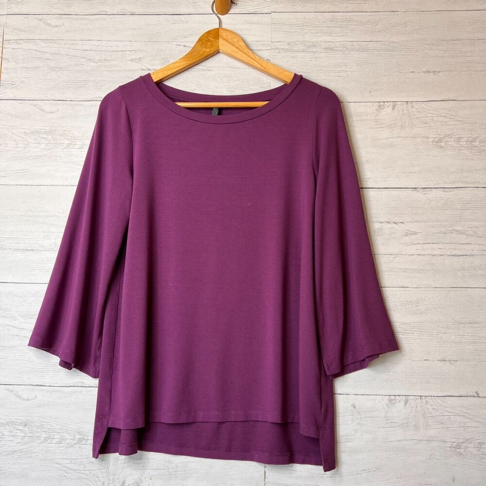 Eileen Fisher Top Womens SZ S/P Plum Long Sleeve Jersey High Low Hem Slit Sleeve